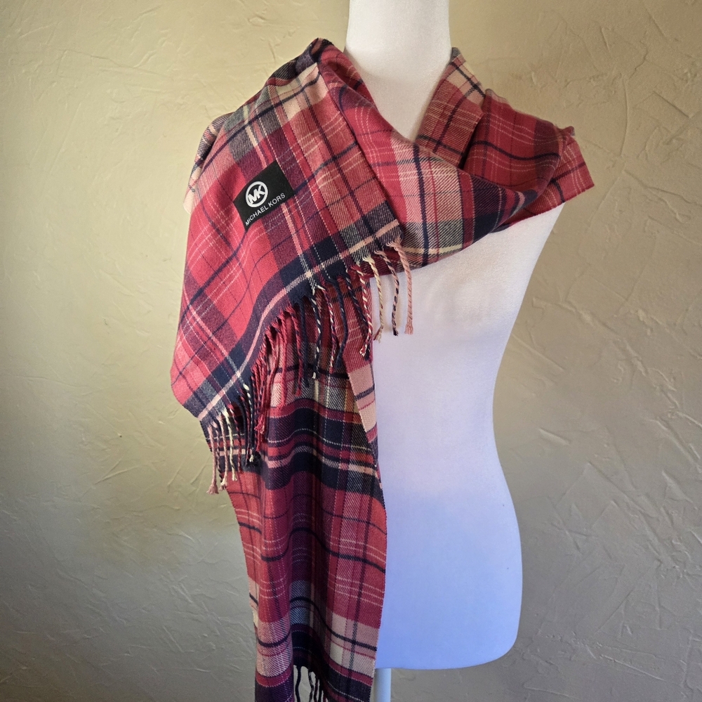 Michael Kors Pink Plaid Scarf Soft Fringed Accessory Oversized